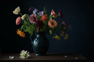 A colorful vase of flowers on a table in front of a dark wall, along with a green vase of flowers on a black backdrop. Generative AI