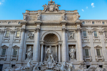 Trevi fountain from front without people on a sunny day. Sightseeing and landmark in Rome Italy