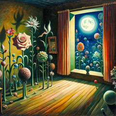 Surreal indoor garden with giant blossoming plants growing out of a wooden floor under a moonlit sky.