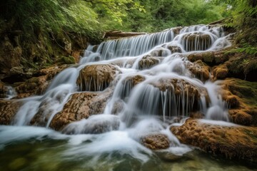 Fototapeta na wymiar Mesmerizing cascade of water flowing gracefully down a picturesque landscape. Generative AI