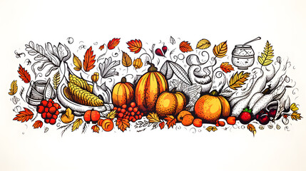 thanksgiving doodle with pumpkins and autumn leaves