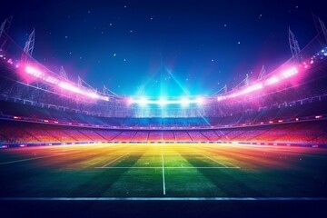 Colorful illuminated stadium with spotlights at night against empty space background on lawn. Generative AI