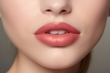 Sexy Lips close up. Healthy full woman lips. Round and pouty lips. Coral juicy lips. Coral lipstick.