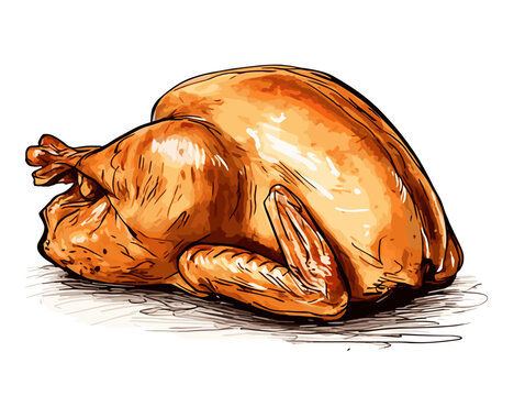 Drawing of Roast poultry turkey or chicken illustration separated, sweeping overdrawn lines.