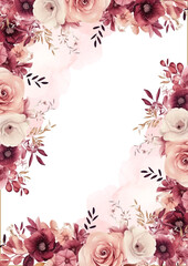 Red pink and beige watercolor hand painted background template for Invitation with flora and flower