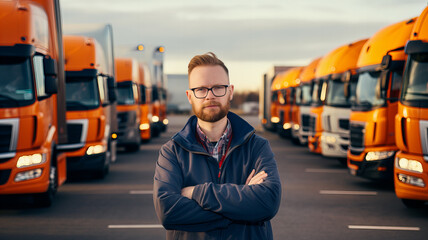 Transport coordinator stands in front of a fleet of transport trucks. Generative AI - obrazy, fototapety, plakaty