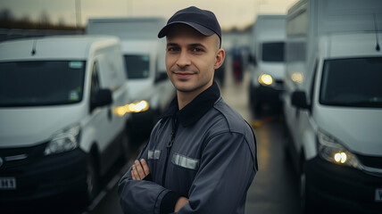 Courier Amid Fleet of Delivery Vehicles in Uniform. Generative AI