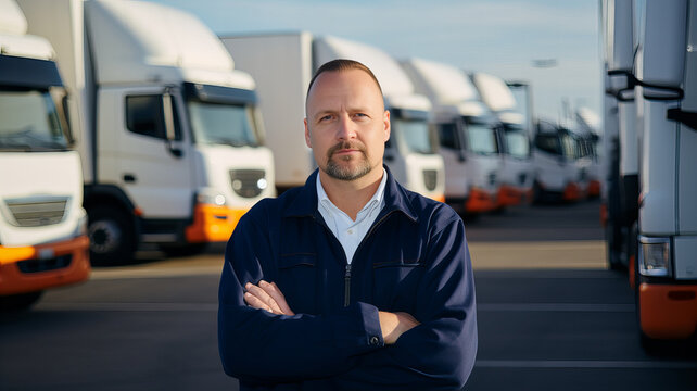 Transport coordinator stands in front of a fleet of transport trucks. Generative AI