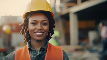 Smiling black female construction worker in helmet at construction site. Generative AI