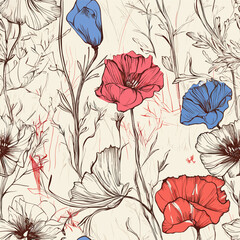 Drawing of Seamless floral pattern of vintage flowers illustration separated, sweeping overdrawn lines.