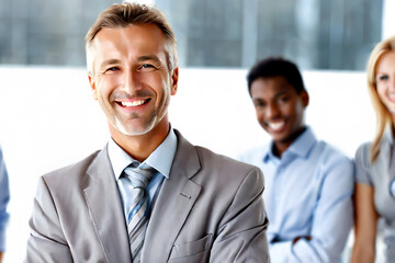 smiling mid-age businessman standing in front of team, at meeting room office, smiling at camera