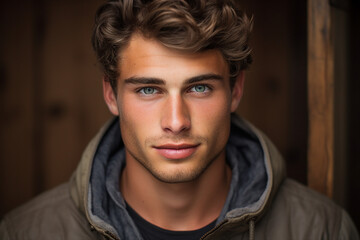 Fototapeta premium Generative ai technology portrait of attractive young man outdoors town city streets