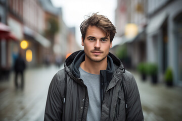 Fototapeta premium Generative ai technology portrait of attractive young man outdoors town city streets