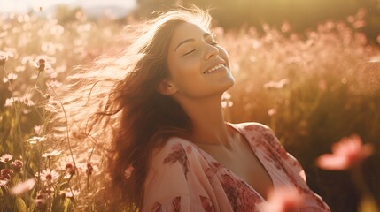 Summer's Delight, Happy Woman Enjoying a Beautiful Flower Field Scene