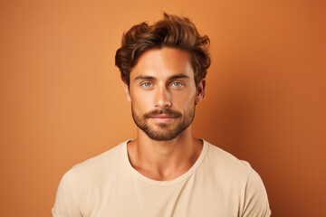 Obraz premium Generative AI portrait of a very handsome brown hair man isolated on beige background