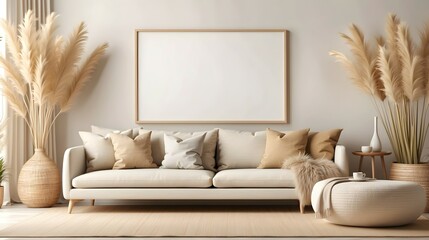 Blank horizontal poster frame mock up in modern living room