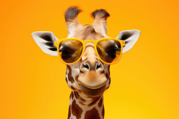Funny giraffe with sunglasses on yellow background with copy space - obrazy, fototapety, plakaty