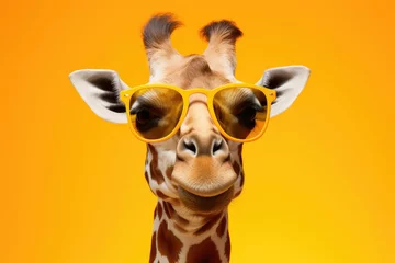 Poster Funny giraffe with sunglasses on yellow background with copy space © Veniamin Kraskov