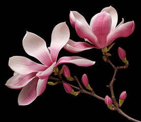 Purple pink magnolia flower isolated on black background, with clipping path