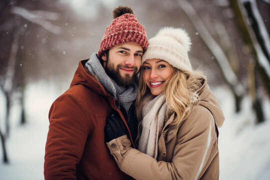 Generative AI image of happy cute beautiful hugging couple walking in winter park snowy frosty cold day