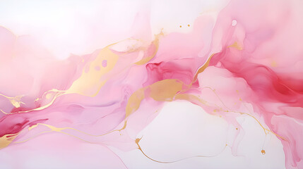 Pink, gold and white liquid acrylic or alcohol ink fluid painting. Abstract modern background. 