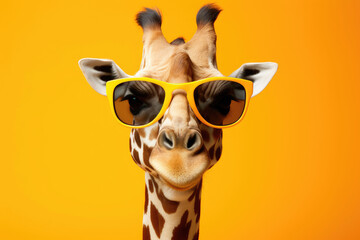 Fototapety  Funny giraffe with sunglasses on yellow background with copy space