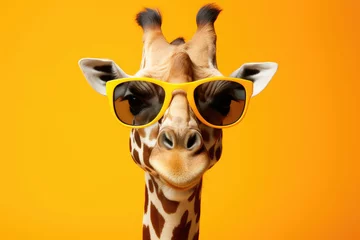 Gordijnen Funny giraffe with sunglasses on yellow background with copy space © Veniamin Kraskov