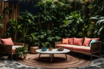 an outdoor living room set of two chairs, two couches, and a small planter with a tropical looking...