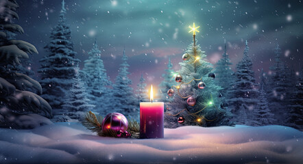fondo de innvierno con vela de navidad encendidas bajo la nieve junto bolas, figuras decorativas y árbol de navidad sobre superficie nevada y fondo de bosque desenfocado  - obrazy, fototapety, plakaty