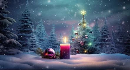 Fotobehang fondo de innvierno con vela de navidad encendidas bajo la nieve junto bolas, figuras decorativas y árbol de navidad sobre superficie nevada y fondo de bosque desenfocado  © Helena GARCIA