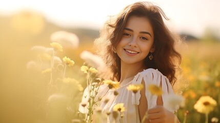 Happy Woman Embracing Nature in a Lush Flower Field, Ideal for Summer Themes