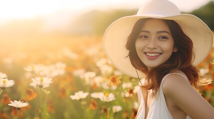 Radiant Woman Delighting in a Scenic Flower Field, Perfect for Summer Themes