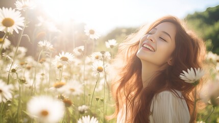 Joyful Young Woman in a Blooming Meadow, Perfect for Summer Themes