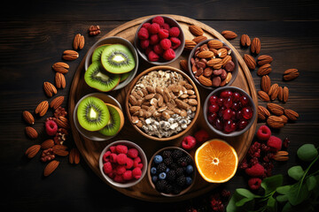 Fototapeta na wymiar Selection of healthy food. Superfoods, various fruits and assorted berries, nuts and seeds
