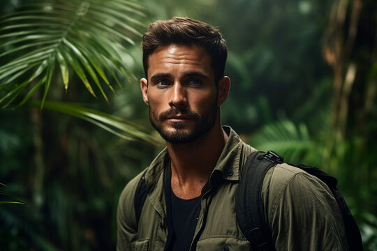 Generative ai photo of handsome guy walking in green exotic rainforest exploring nature