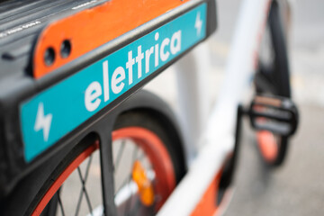 Close up view of Electric bike for rent parked on street for Eco use by phone app
