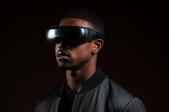 Generative AI photography of handsome man wear vr glasses gaming online isolated on dark background