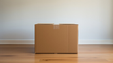 A single cardboard box in an empty room with wooden floors and a window with blinds, bathed in natural sunlight casting shadows on the floor.