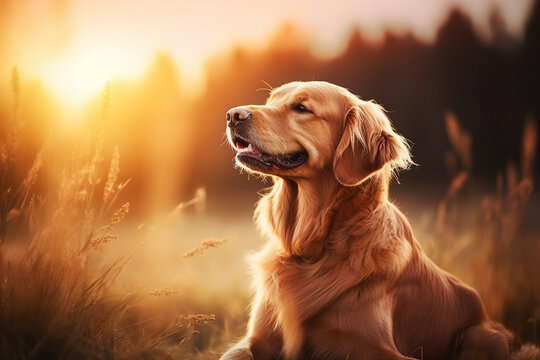 Beautiful fluffy golden retriever at yard countryside nature outdoors autumn sunny garden Generative AI