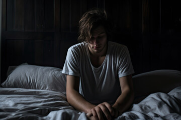 Young man lying on bed feeling depressed and with anxiety - obrazy, fototapety, plakaty
