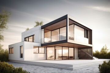Contemporary house design concept illustrated in 3D rendering. Generative AI