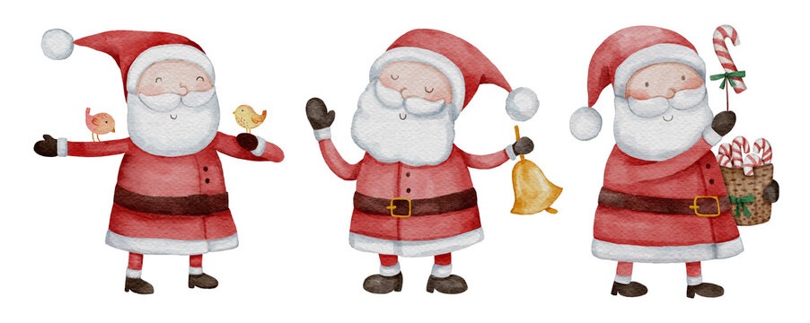 Santa claus . Christmas theme . Watercolor paint cartoon characters . Isolated . Set 12 of 15 . illustration .