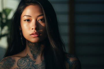 Generative ai photo of beautiful charming asian woman with tattoo on her body