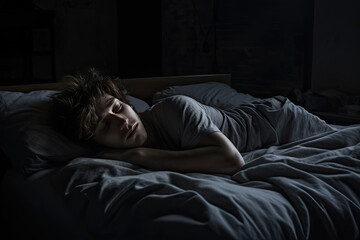Fototapeta na wymiar Young man lying on bed feeling depressed and with anxiety
