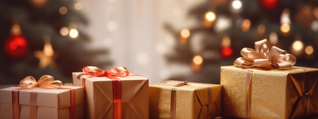 Elegantly wrapped Christmas presents adorned with shimmering ribbons, placed on a table, with a softly lit Christmas tree in the background