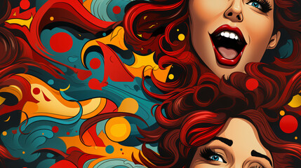 Female pop art face. Colorful vector backdrop in pop art retro comic style.