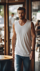 Man in Sleeveless Shirt Walking Inside a Cafe in a Serious and Fierce Expression 
