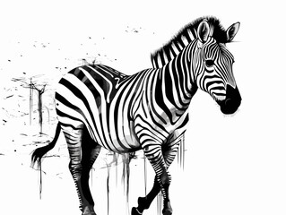 Fototapeta na wymiar Drawing of Surreal high key zebra in black and white. illustration separated, sweeping overdrawn lines.
