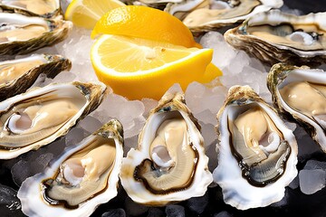 Fresh oysters molluscs shucked on ice with lemon ready to eat close up - Powered by Adobe