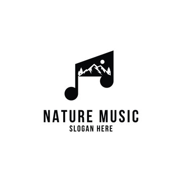 Nature music logo design ideas with mountain symbols, music notes and trees